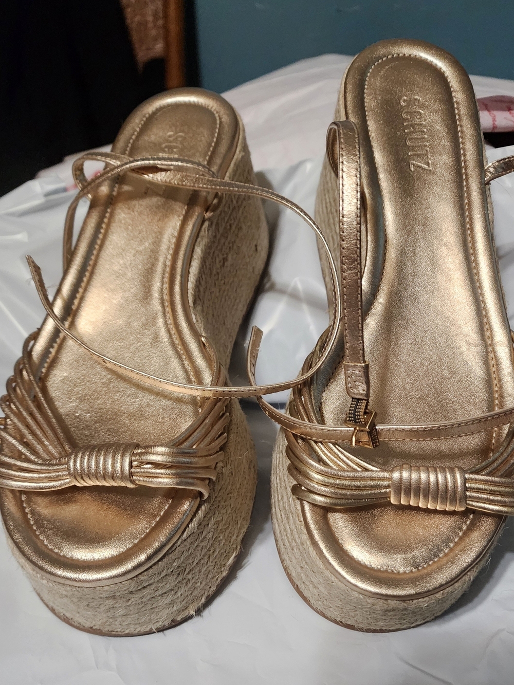 Schutz Gold Wedge Espadrille Sandals - Metallic Gold Sz 9.5 New